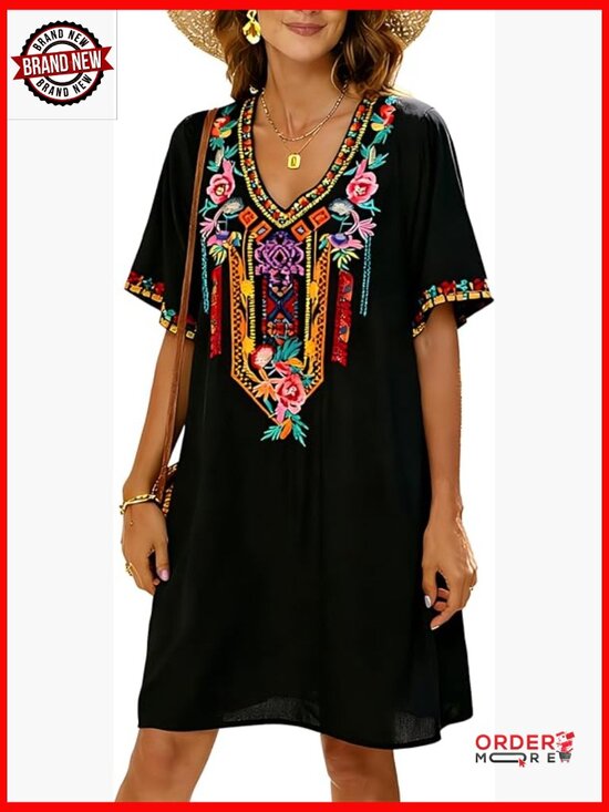 Other - Mexican Embroidered Bohemian Peasant Dress Plus Size Rayon Summer